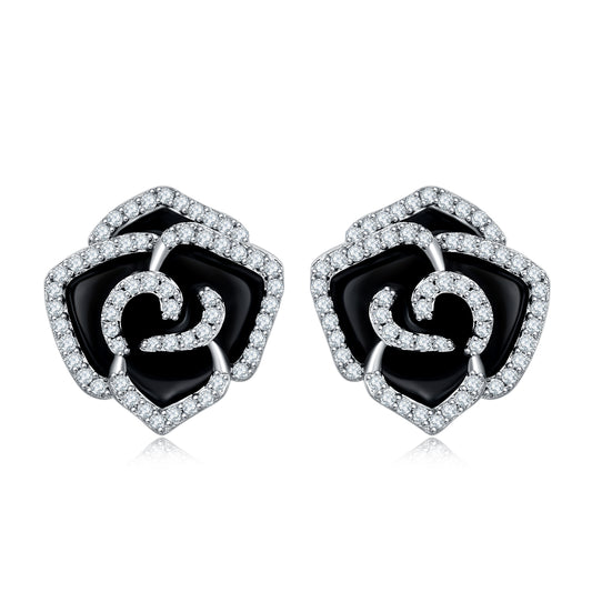 Planderful Moissanite Sparkling Camellia Enamel Earrings 0.45ct DVVS3EX S925 Silver Plated Platinum For Her