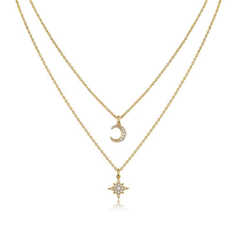 Planderful Moissanite Star Moon Pendant Necklace S925 Silver Gold Plated Double Chain Gift for Her