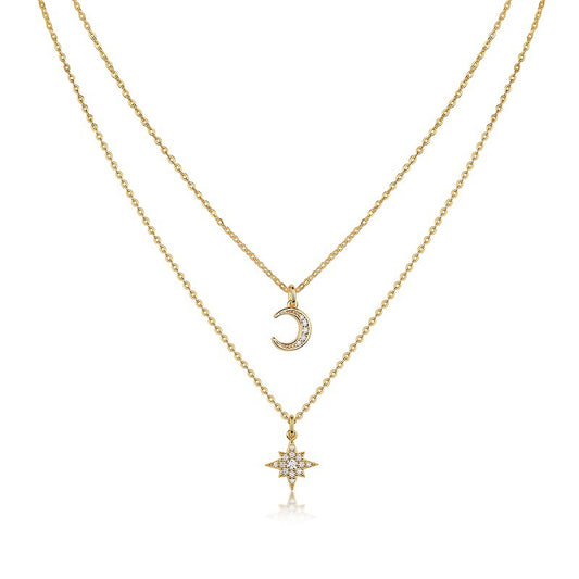 Planderful Moissanite Star Moon Pendant Necklace S925 Silver Gold Plated Double Chain Gift for Her