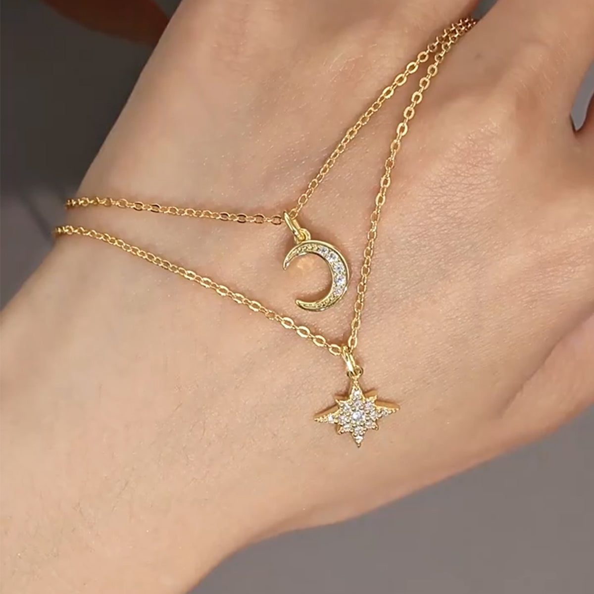 Planderful Moissanite Star Moon Pendant Necklace S925 Silver Gold Plated Double Chain Gift for Her