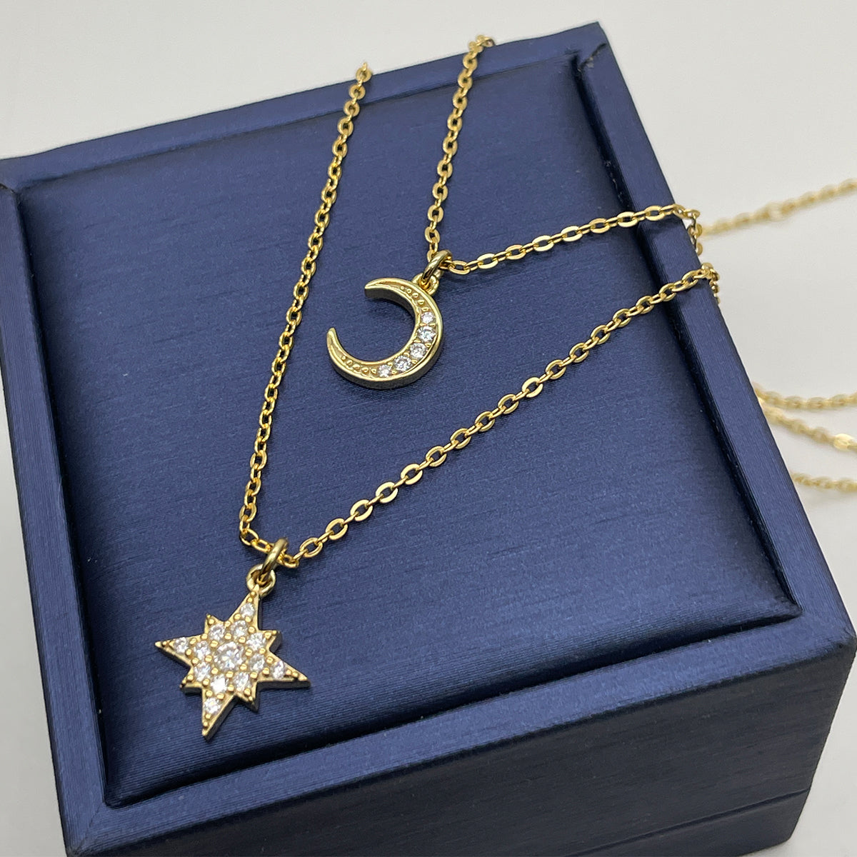 Planderful Moissanite Star Moon Pendant Necklace S925 Silver Gold Plated Double Chain Gift for Her