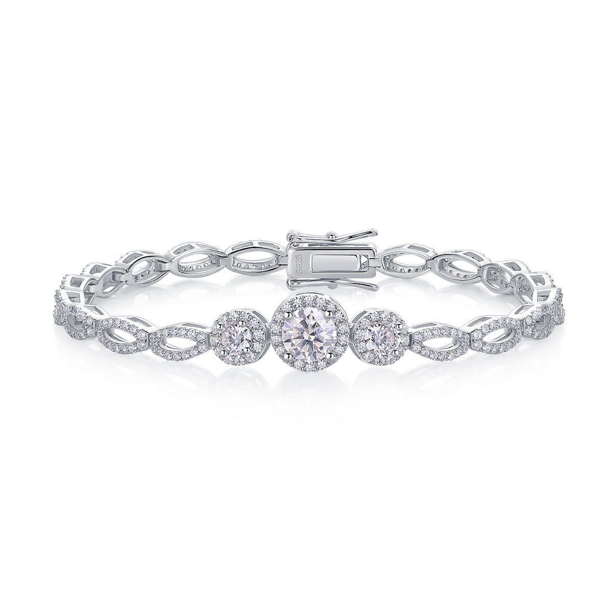 Planderful Moissanite Bracelet 3.6CT Three Round Main Stone S925 Silver Plated Platinum Exquisite Sparkle Gift For Her