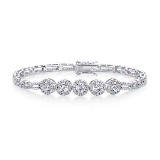 Planderful Moissanite Bracelet 2.85CT Five Round Stones S925 Silver Plated Platinum Elegant Sparkle Gift for Her