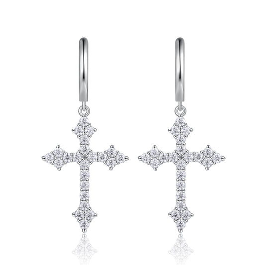 Planderful Moissanite Cross Pendant And Earrings Set For Her 1.38ct VVS 3EX S925 Silver Plated