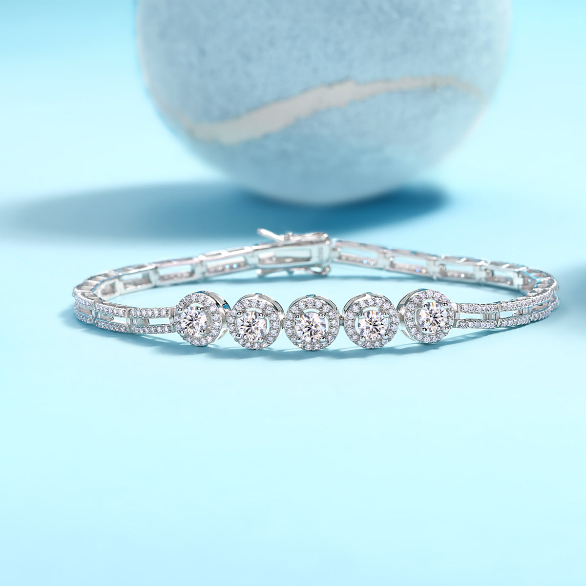 Planderful Moissanite Bracelet 2.85CT Five Round Stones S925 Silver Plated Platinum Elegant Sparkle Gift for Her