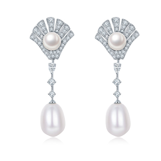 Planderful Pearl Drop Earrings S925 Silver Plated Fan Shape Elegant Freshwater Pearl Pendant For Women