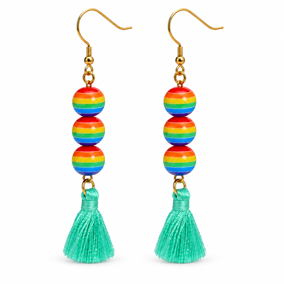 Rainbow bead mint tassel drop earrings on white background