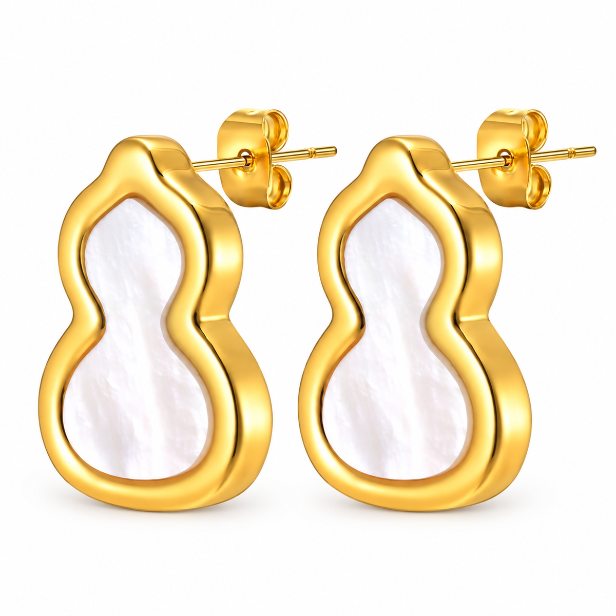Gold-tone mother-of-pearl gourd stud earrings on white background