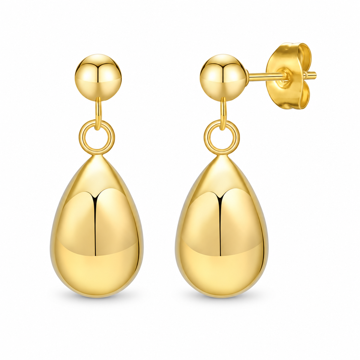 Gold-tone teardrop earrings on white background