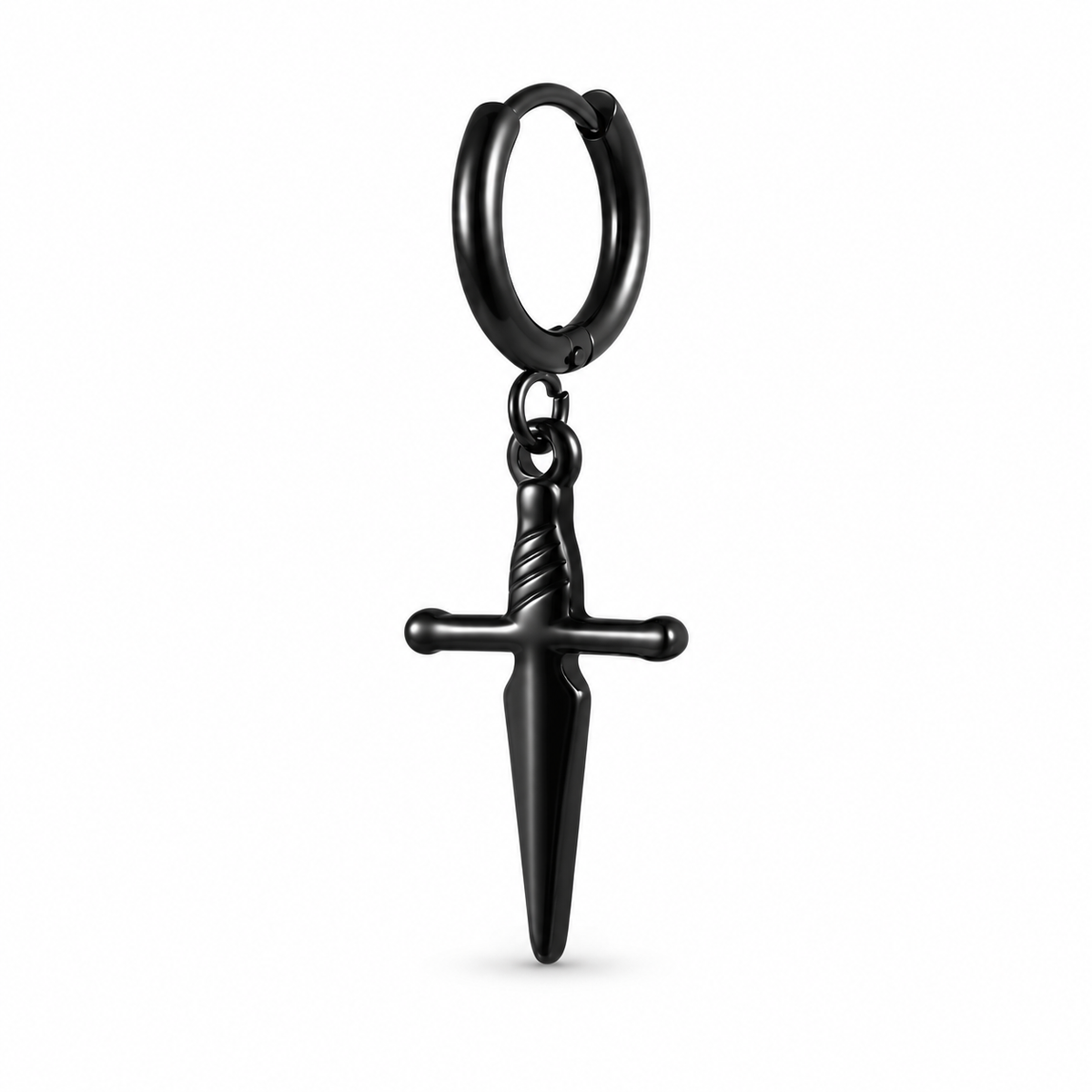 Black dagger charm huggie earring on white background