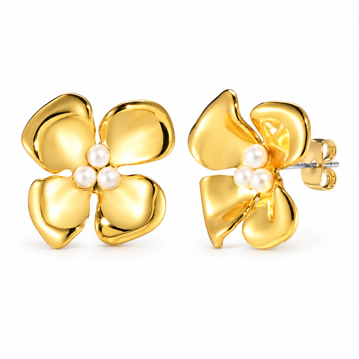 Gold-tone pearl flower stud earrings on white background