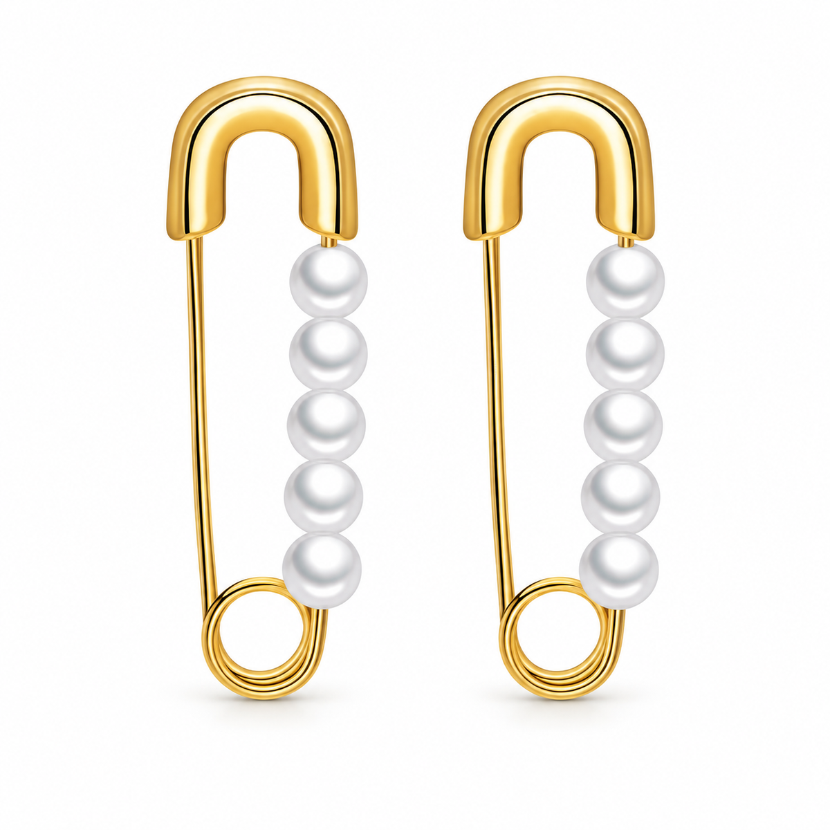 Gold-tone pearl safety pin earrings on white background