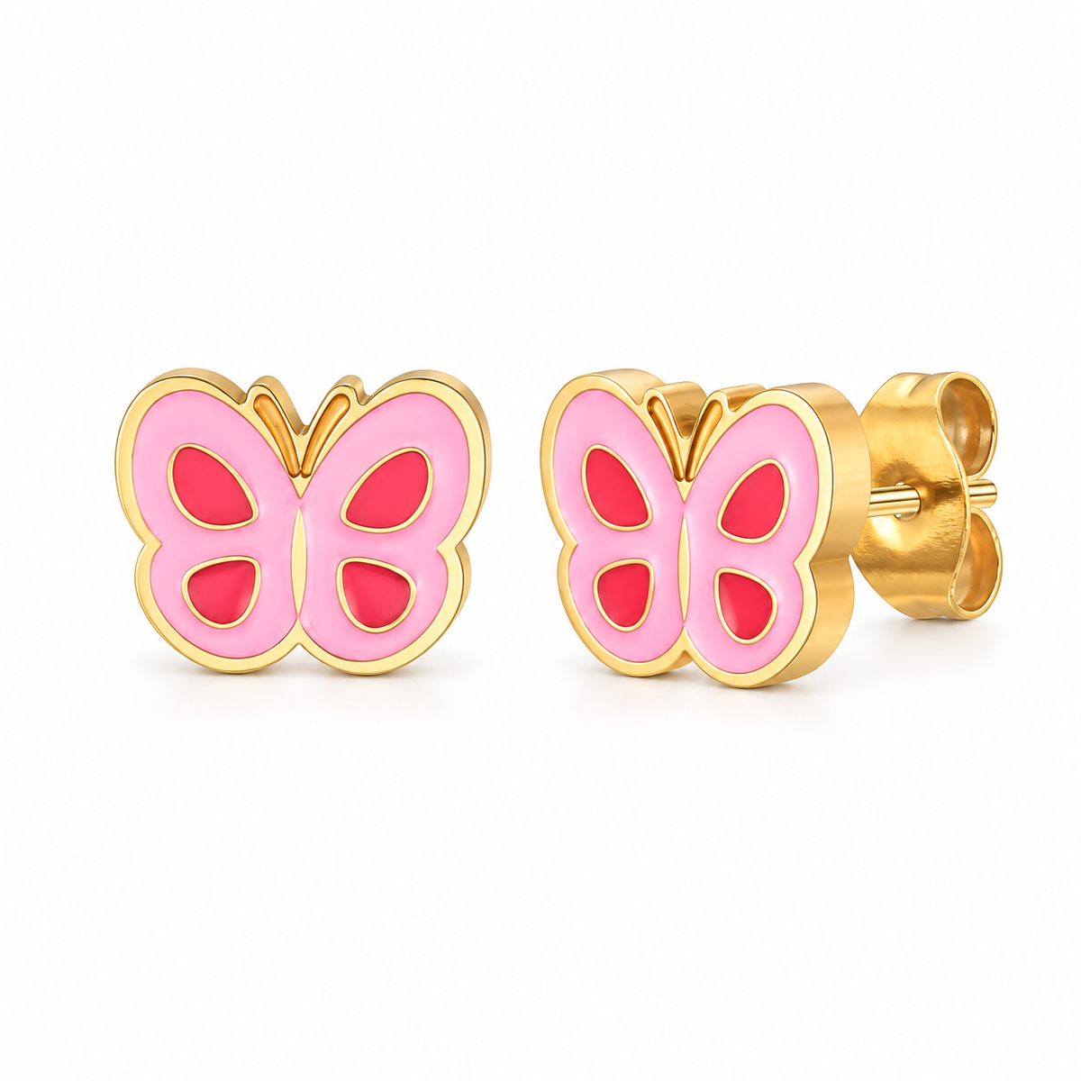 Pink enamel butterfly stud earrings on white background