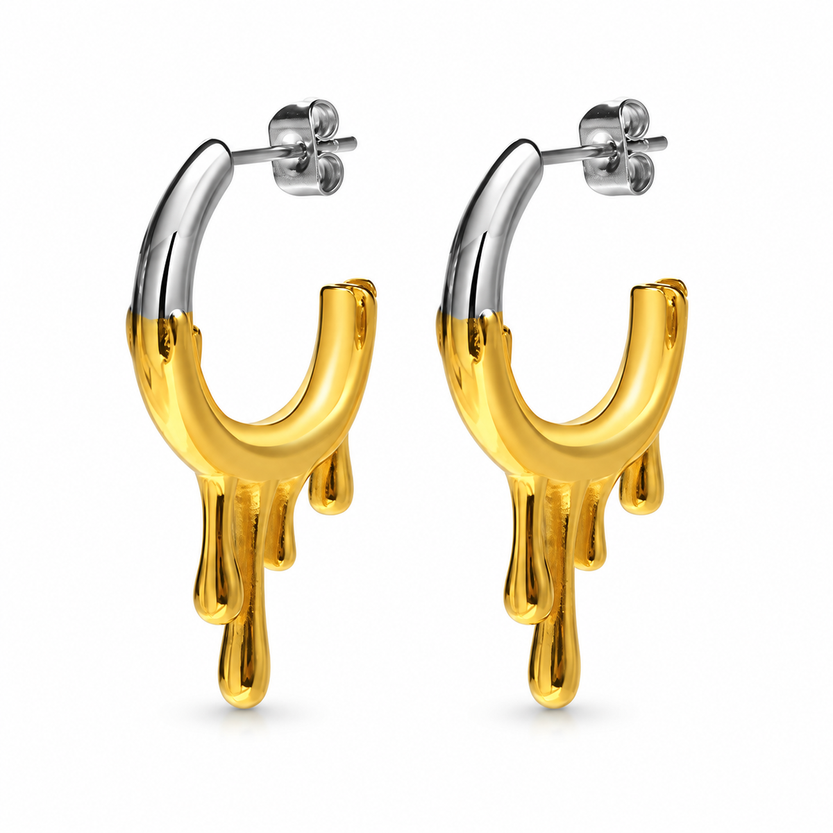 Two-tone molten drip hoop earrings on white background