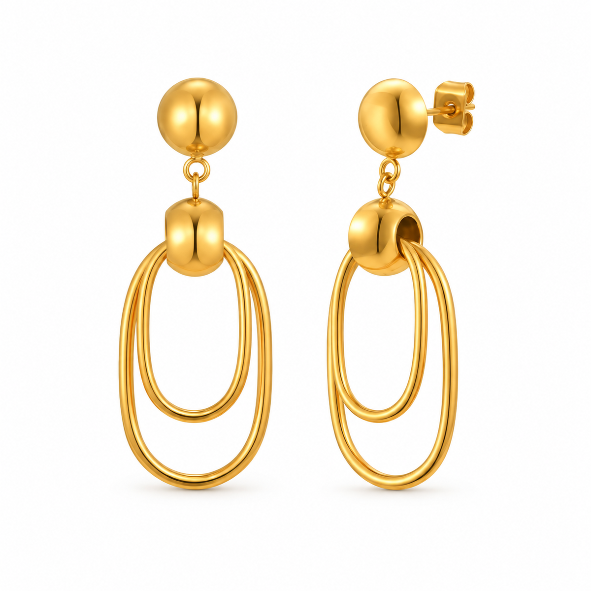 Gold-tone double oval link drop earrings on white background