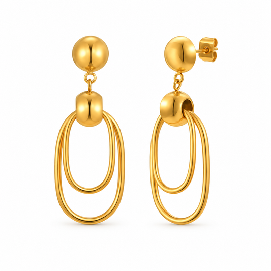Gold-tone double oval link drop earrings on white background