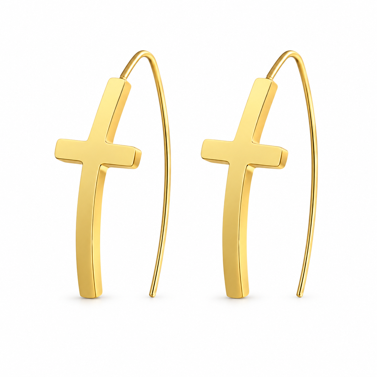 Gold-tone cross threader drop earrings on white background