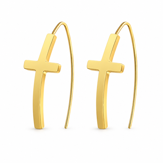 Gold-tone cross threader drop earrings on white background