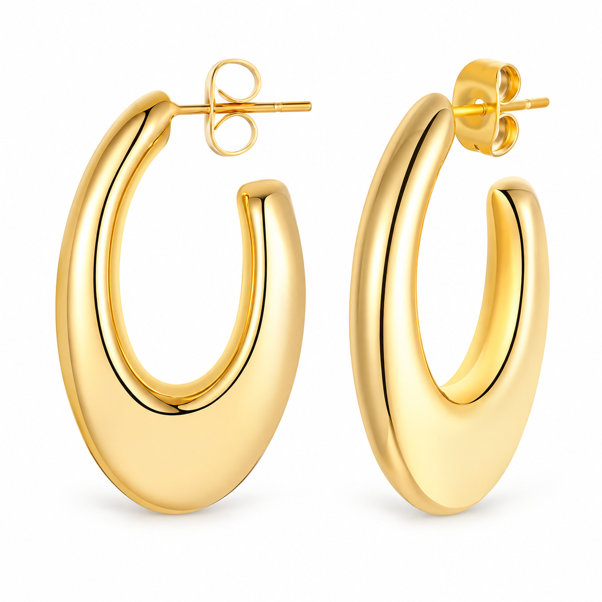 Gold-tone sculptural oval open hoop earrings on white background