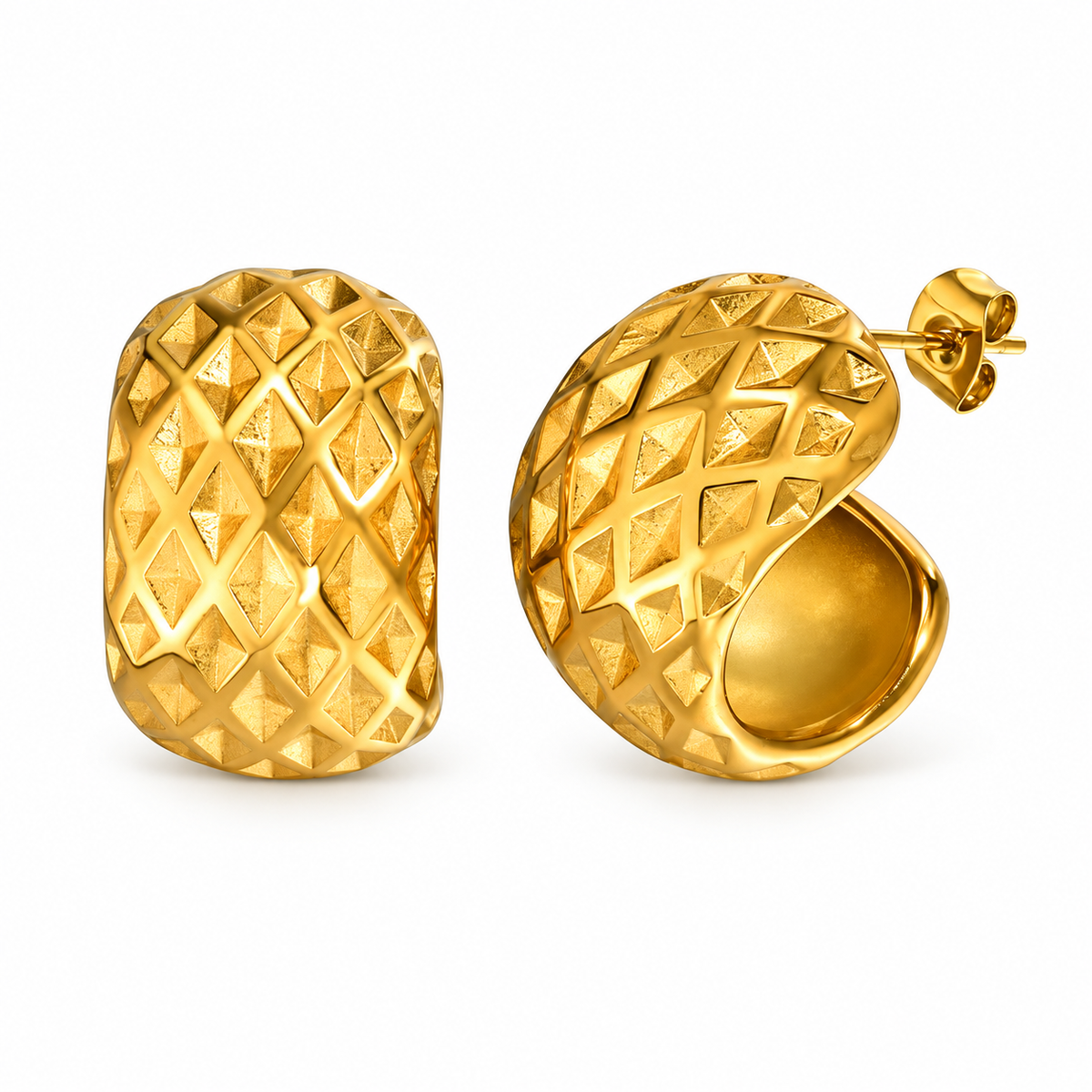 Gold-tone textured statement earrings on white background