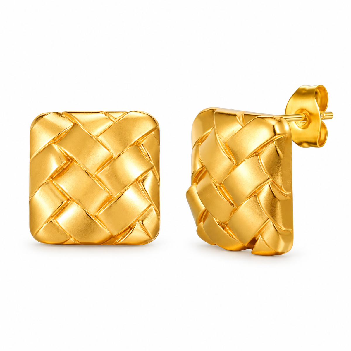 Gold-tone woven square stud earrings on white background