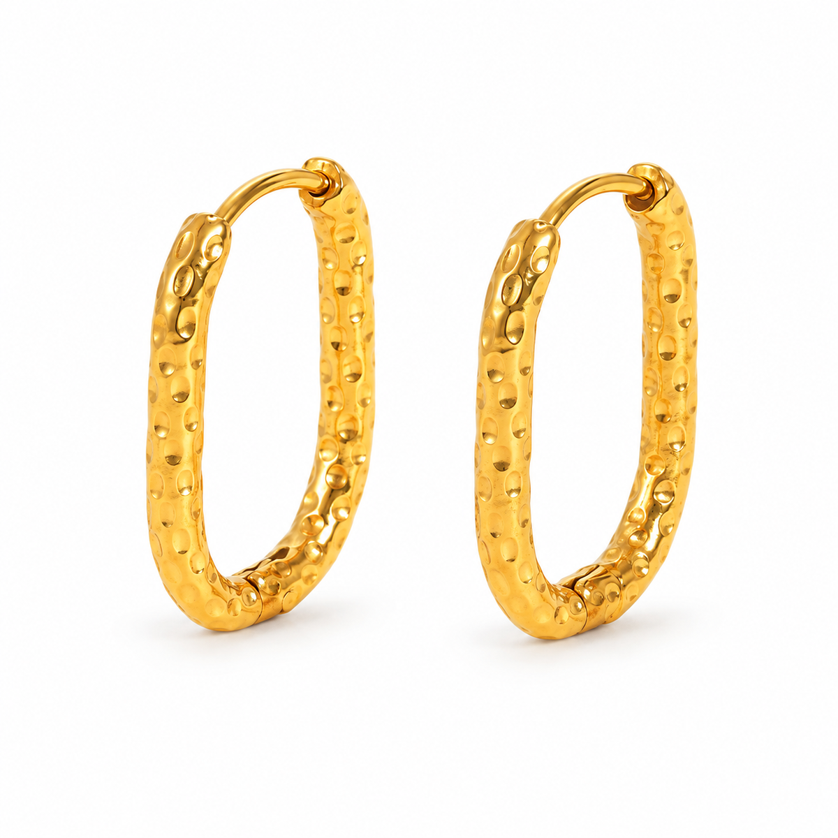 Gold-tone hammered rectangular huggie hoop earrings on white background