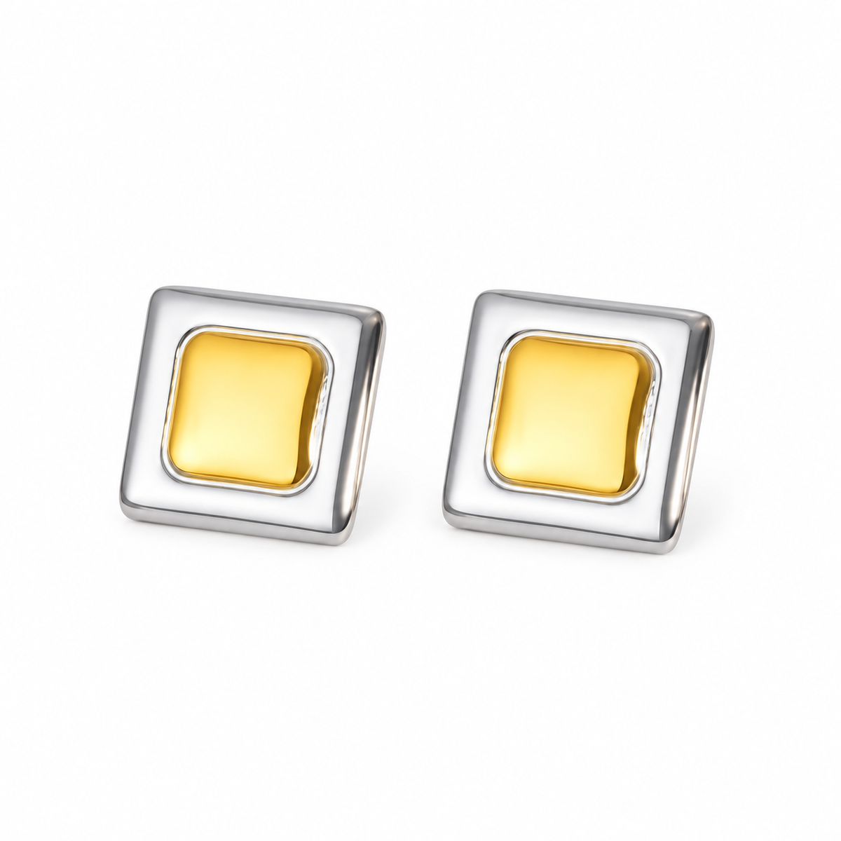 Two-tone geometric square stud earrings on white background