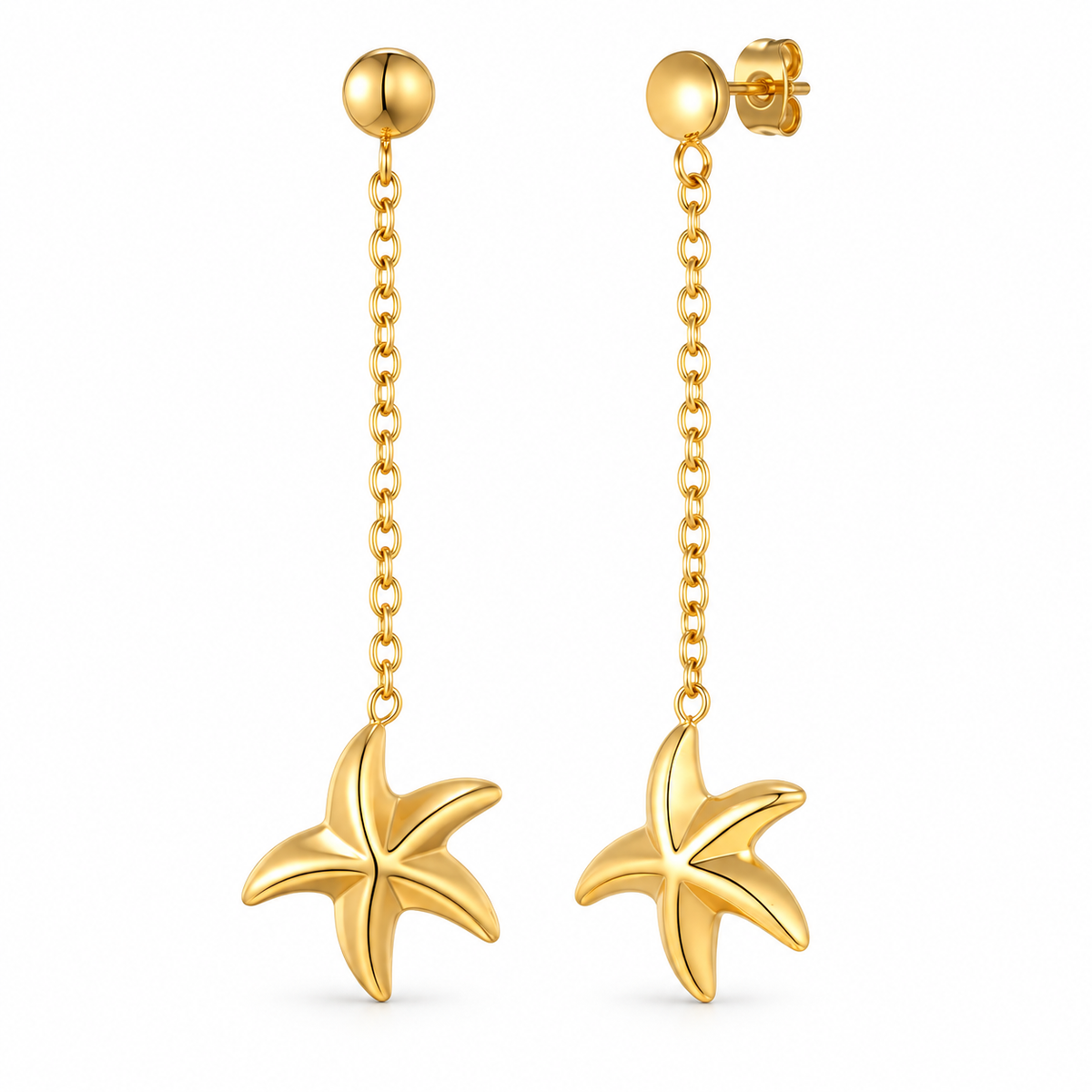 Gold-tone starfish chain drop earrings on white background