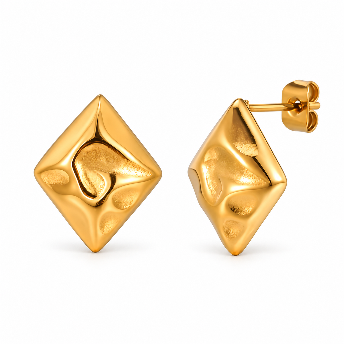 Gold-tone hammered diamond stud earrings on white background