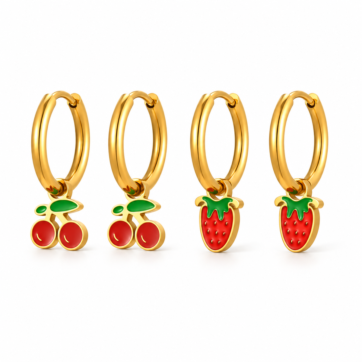 Cherry and strawberry fruit charm huggie hoop earrings on white background