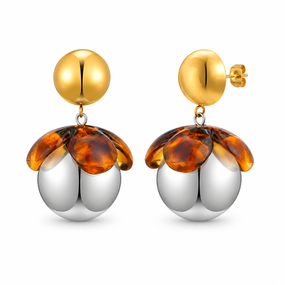 Amber petal two-tone statement drop earrings on white background