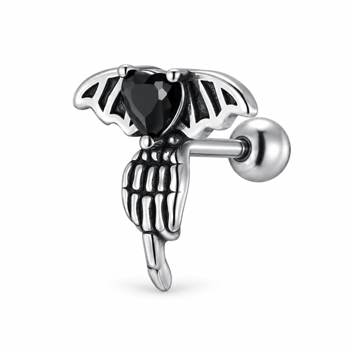 Silver-tone black heart bat skeleton earring on white background