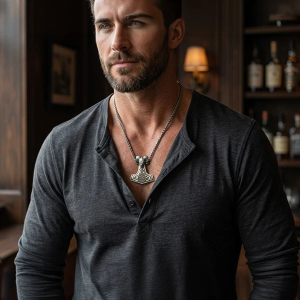 Mythical Viking Hammer Pendant Necklace with Compass Rune Engravings