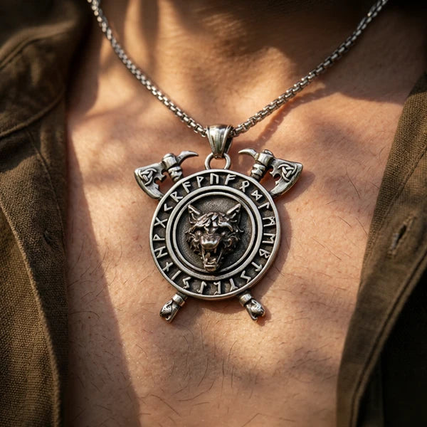 Vintage Viking Men's Rune Wolf Head Pendant Double Ax