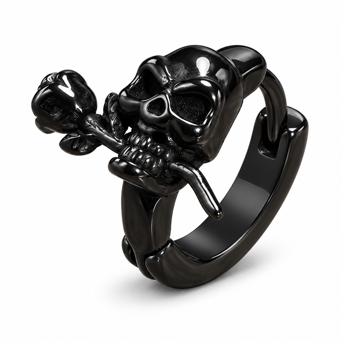 Black Skull and Rose Ring