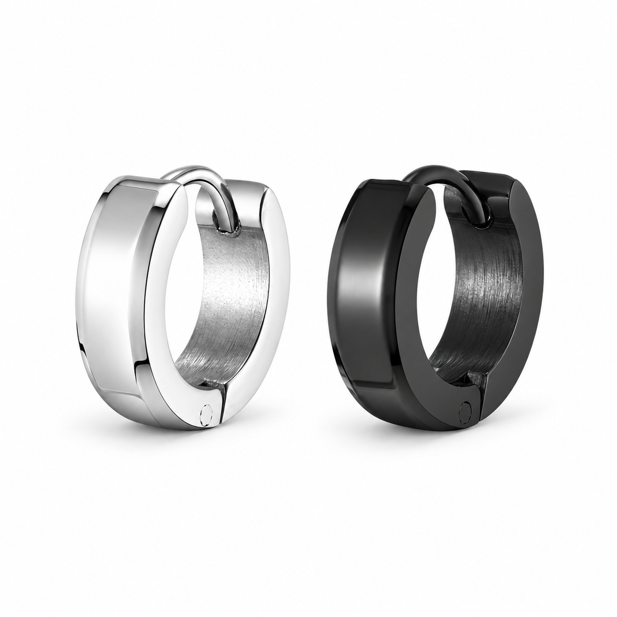 Silver and Black Stainless Steel Huggie Hoops