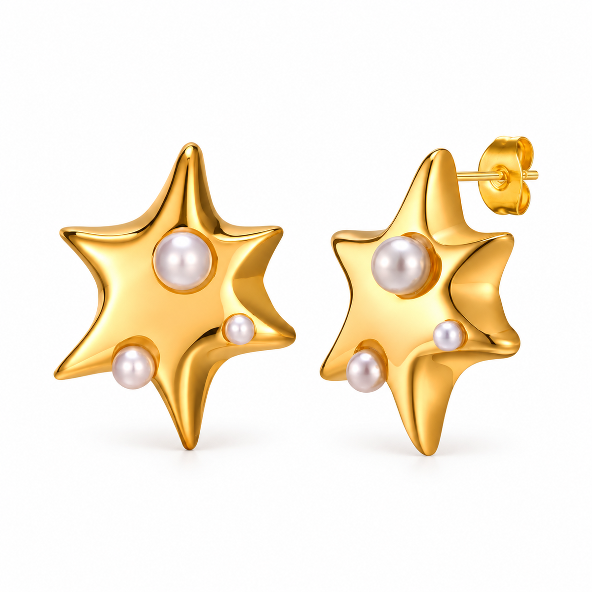 Gold-tone starburst pearl stud earrings on pure white background