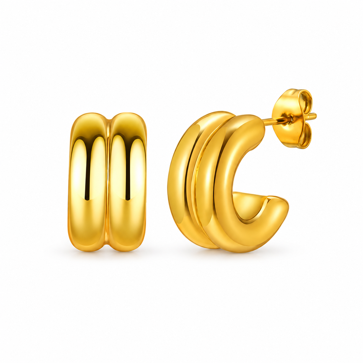 Gold-tone triple-band hoop earrings on pure white background