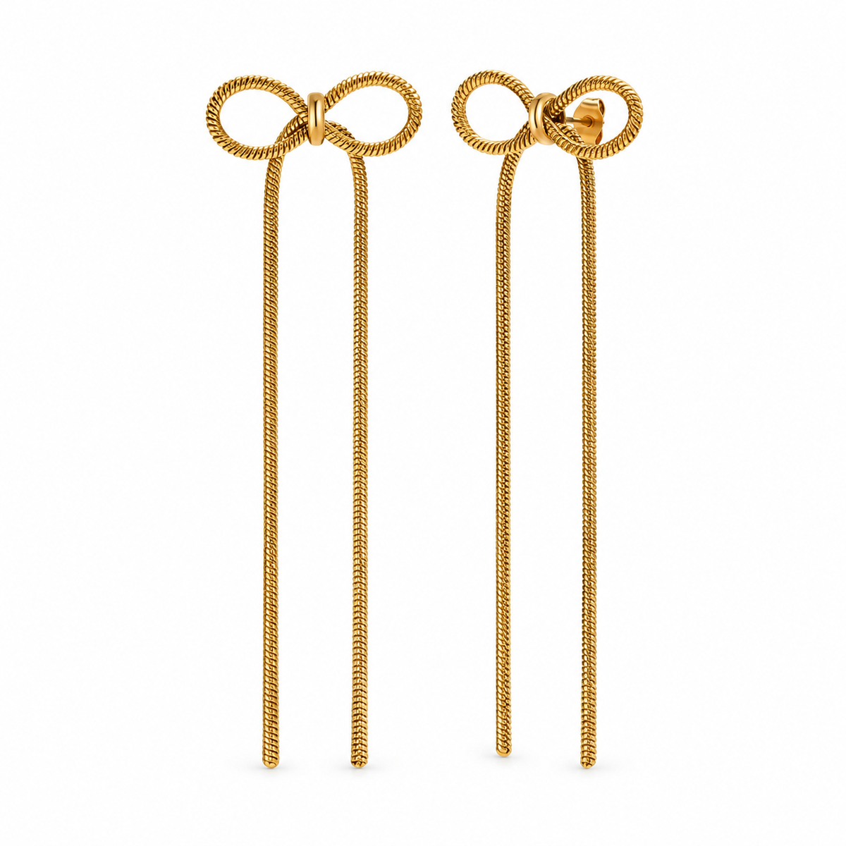 Gold-tone bow snake-chain threader earrings on pure white background