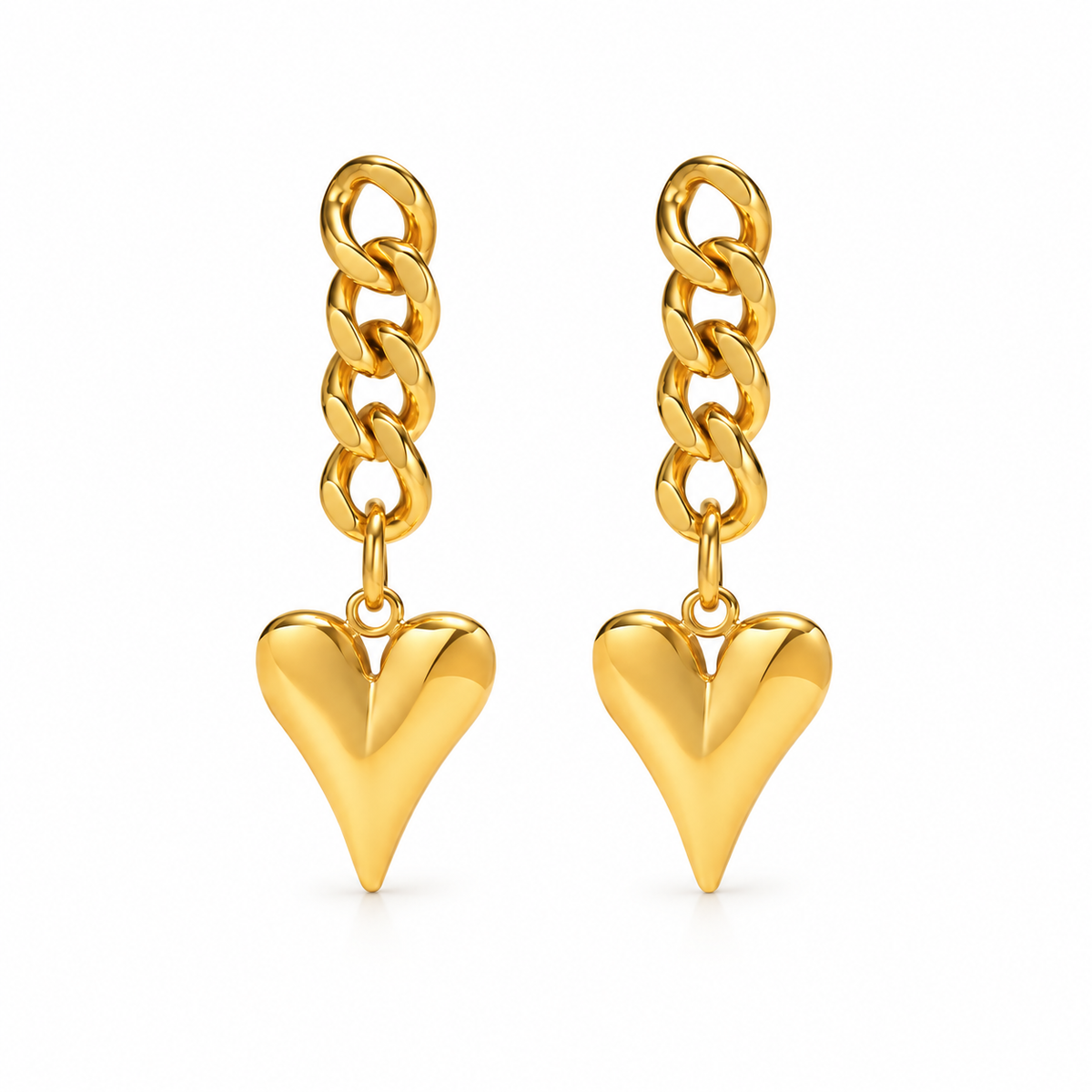 Gold-tone chain drop heart earrings on pure white background