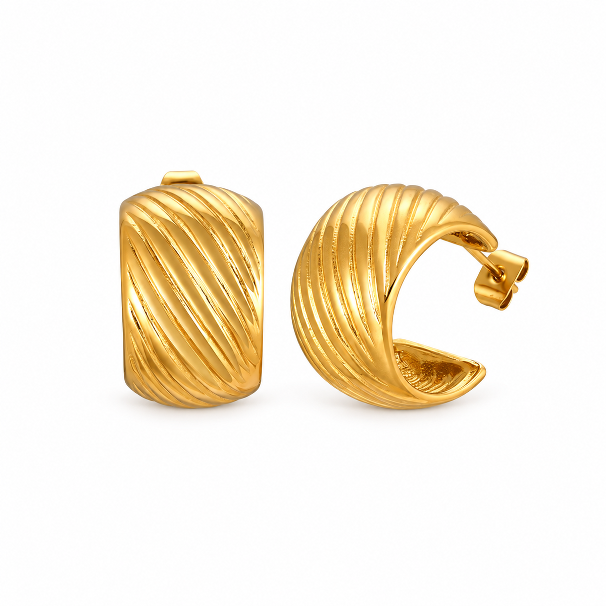 Gold-tone ribbed half-hoop earrings on pure white background
