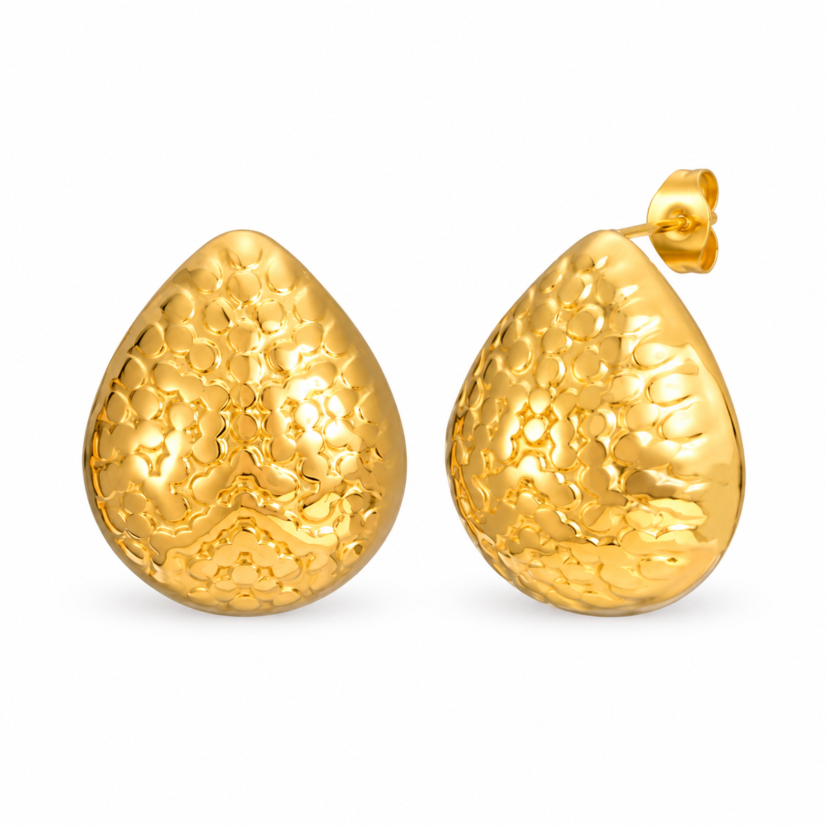 Gold-tone hammered teardrop stud earrings on pure white background