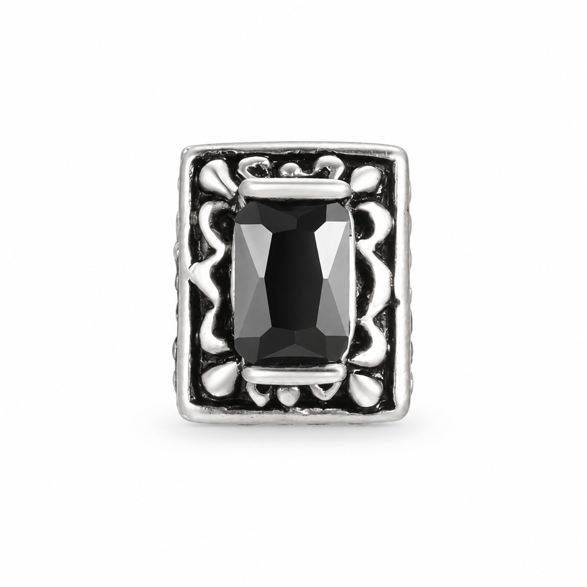 Antique-silver black rectangular stone single stud earring on pure white background