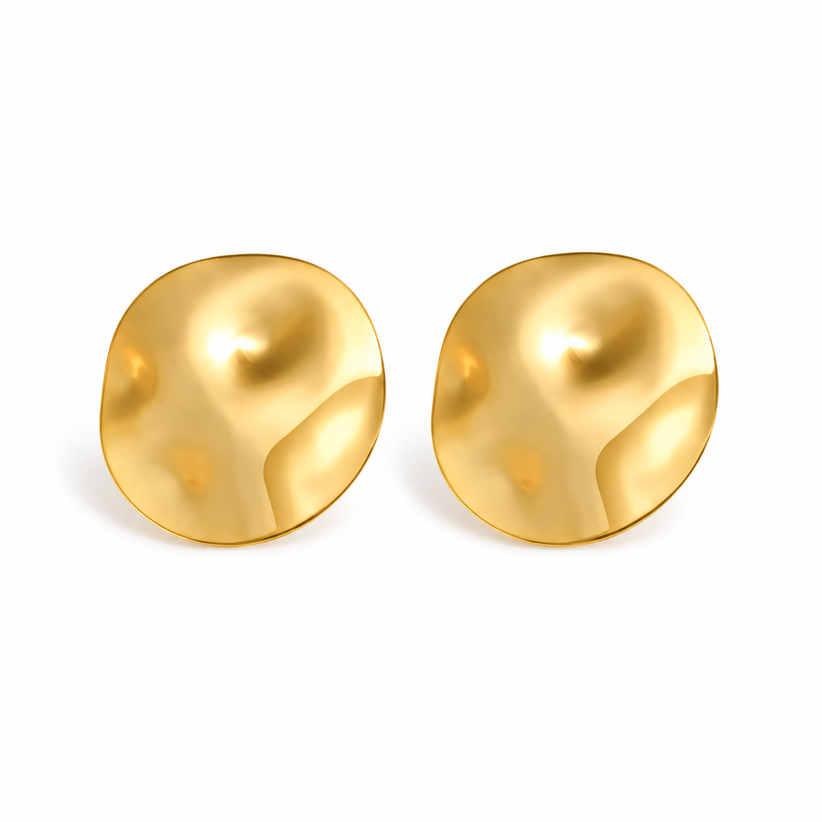 Gold-tone organic round stud earrings on pure white background