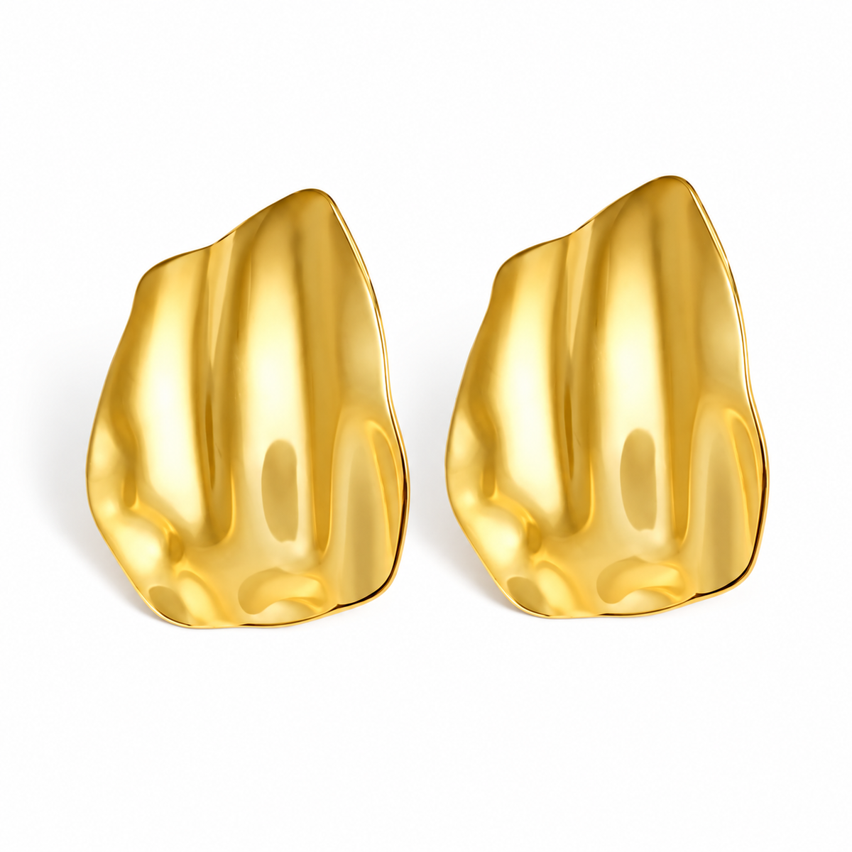 Gold-tone sculptural shell stud earrings on pure white background