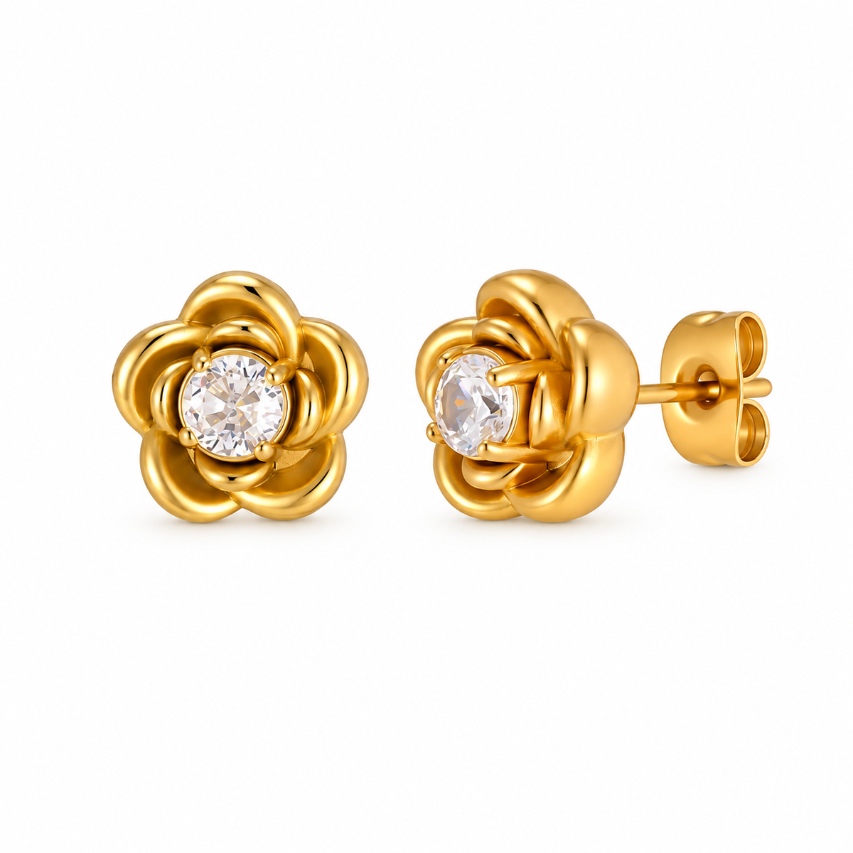 Gold-tone crystal rose stud earrings on pure white background