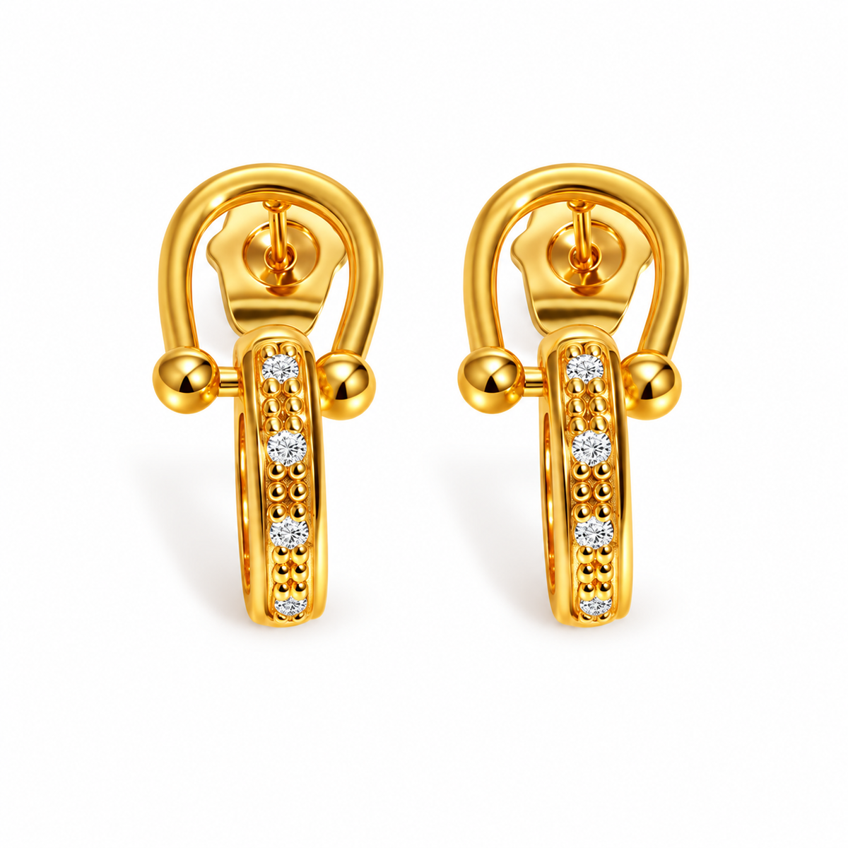Gold-tone zircon-accent open hoop stud earrings on pure white background