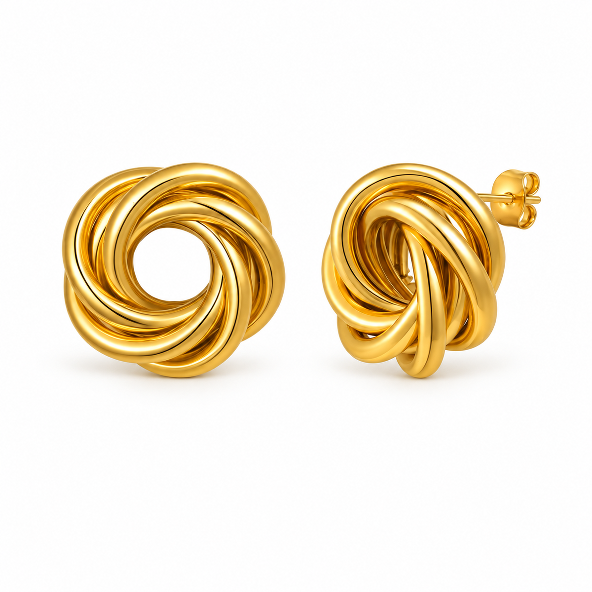 Gold-tone circular knot stud earrings on pure white background