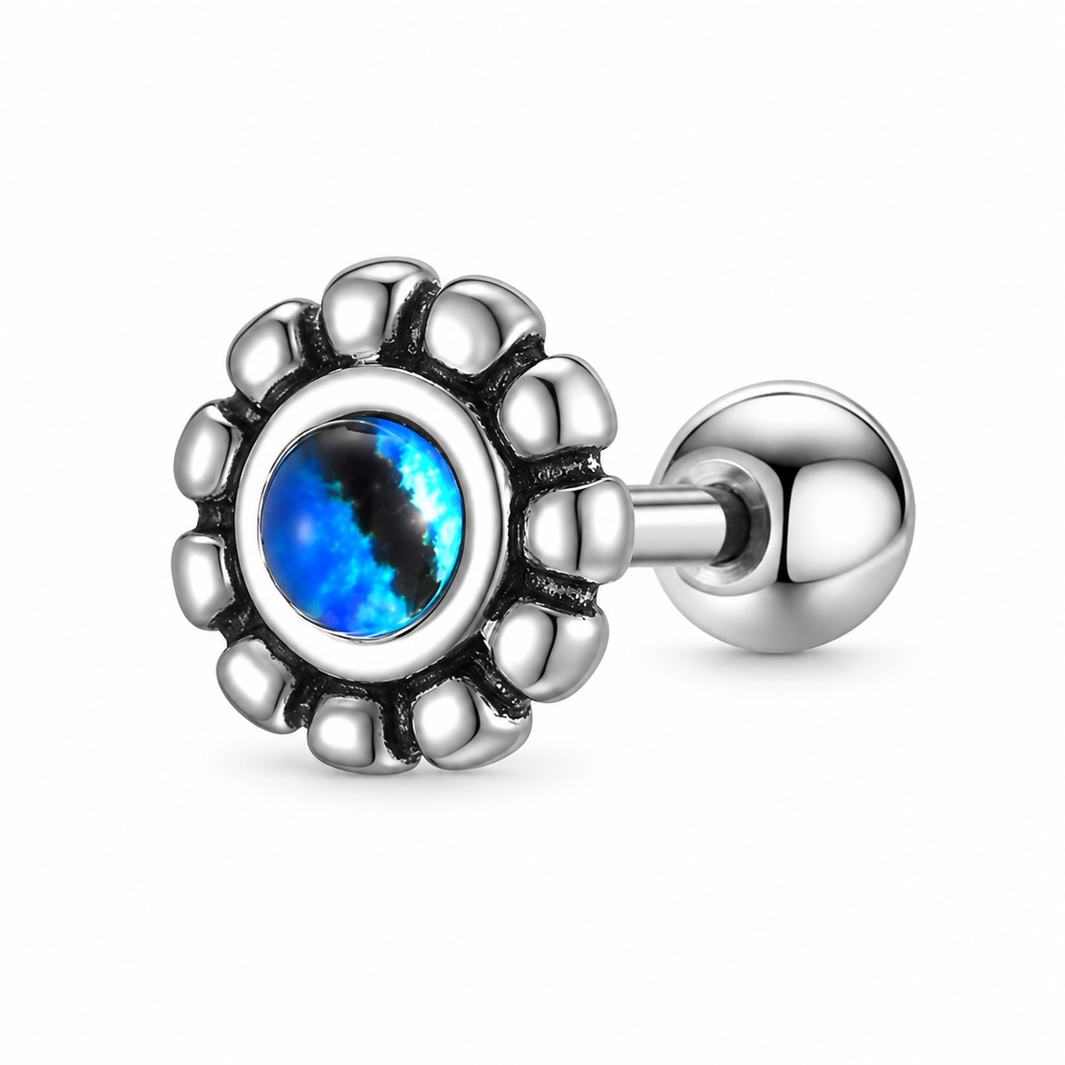 Blue opal-effect flower single stud earring on pure white background