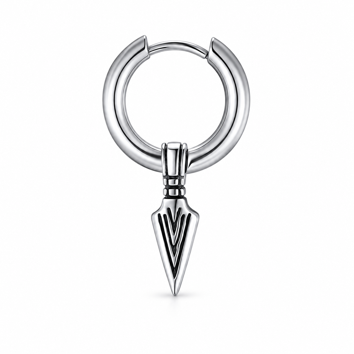 Silver-tone spearhead charm single hoop earring on pure white background